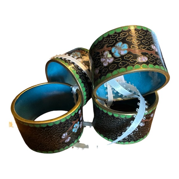 Other - Cloisonné Napkin Rings - Black Floral, Enamel and Brass with Turquoise Interior